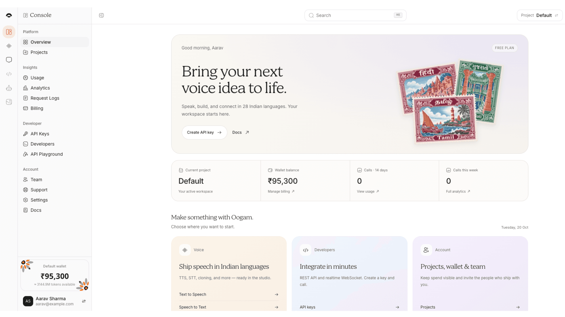 Oogam Console with project usage, wallet and developer shortcuts