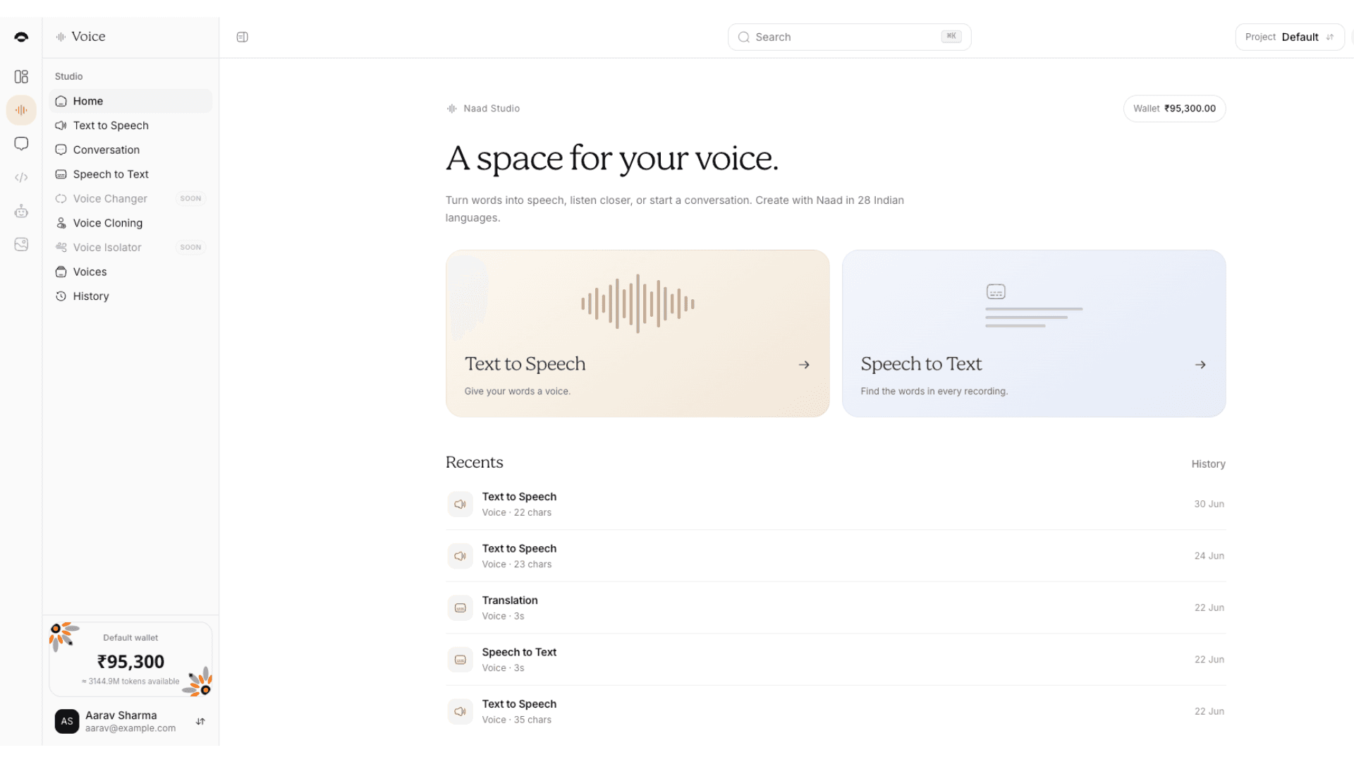 Naad Studio with Text to Speech, Speech to Text and recent activity