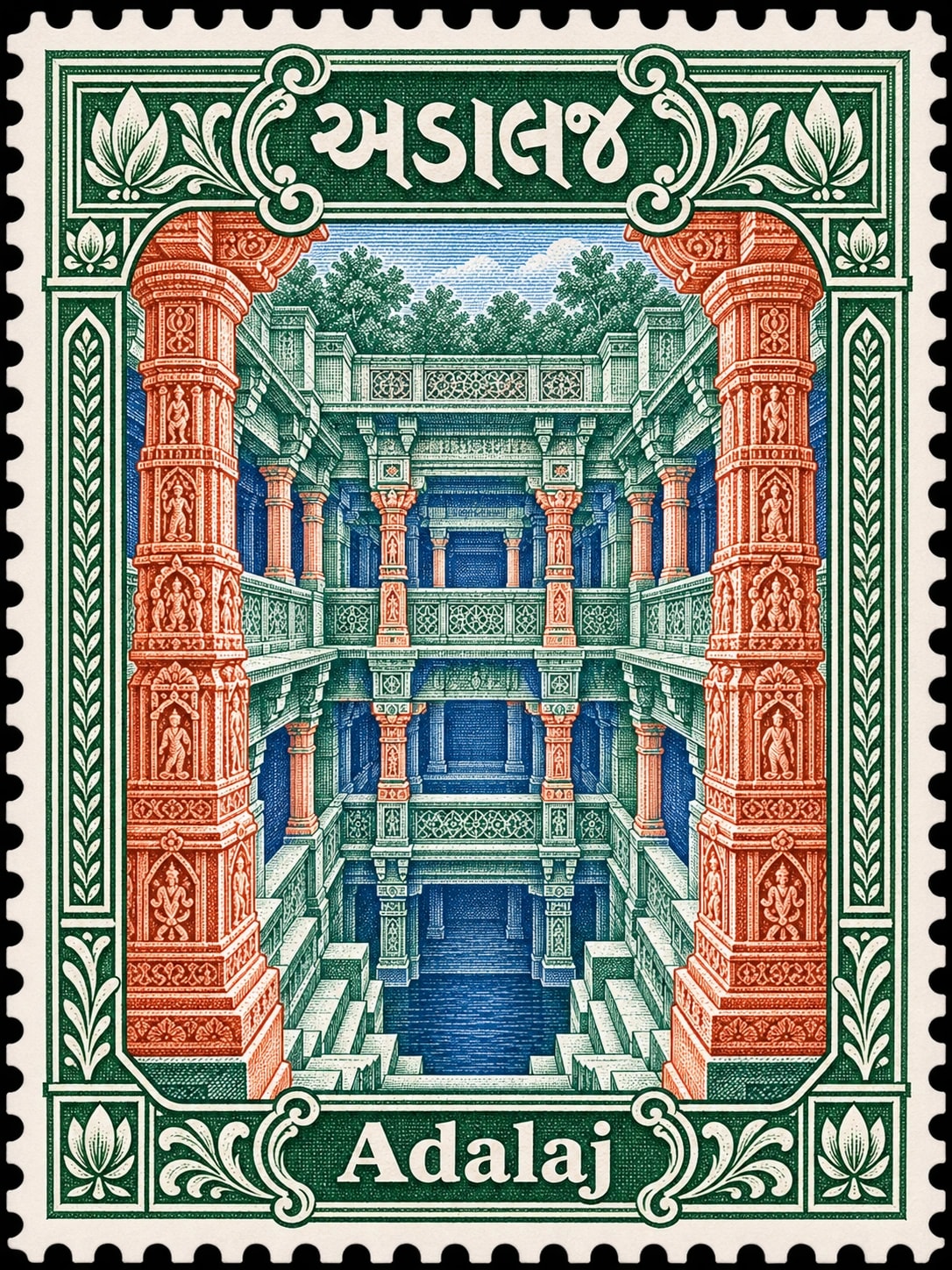 અડાલજ · Adalaj. Complete multicolor stamp depicting Adalaj stepwell, with integrated lettering and a perforated edge