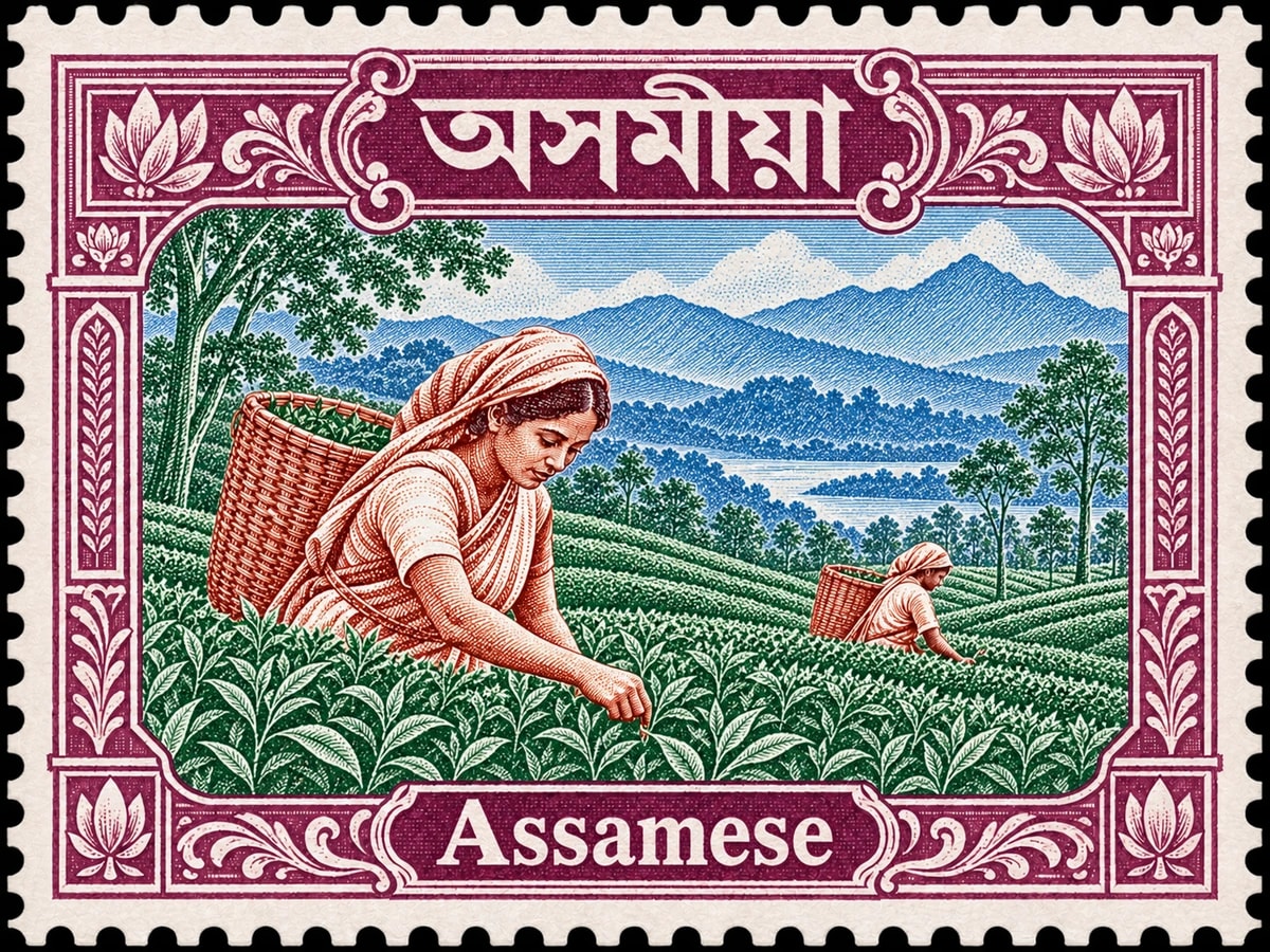 অসমীয়া · Assamese. Assamese: assam tea gardens, two distant workers with woven baskets, rhythmic rows of tea bushes and hills, in a multicolor engraved illustration.