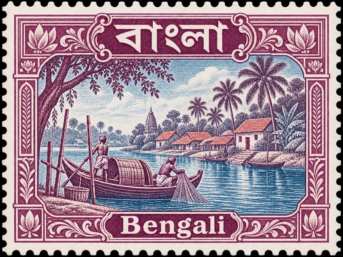 বাংলা · Bengali. Bengali: two fishermen rowing and handling a net beside a woven boat canopy, with a riverside village and palms, in a multicolor printed stamp.