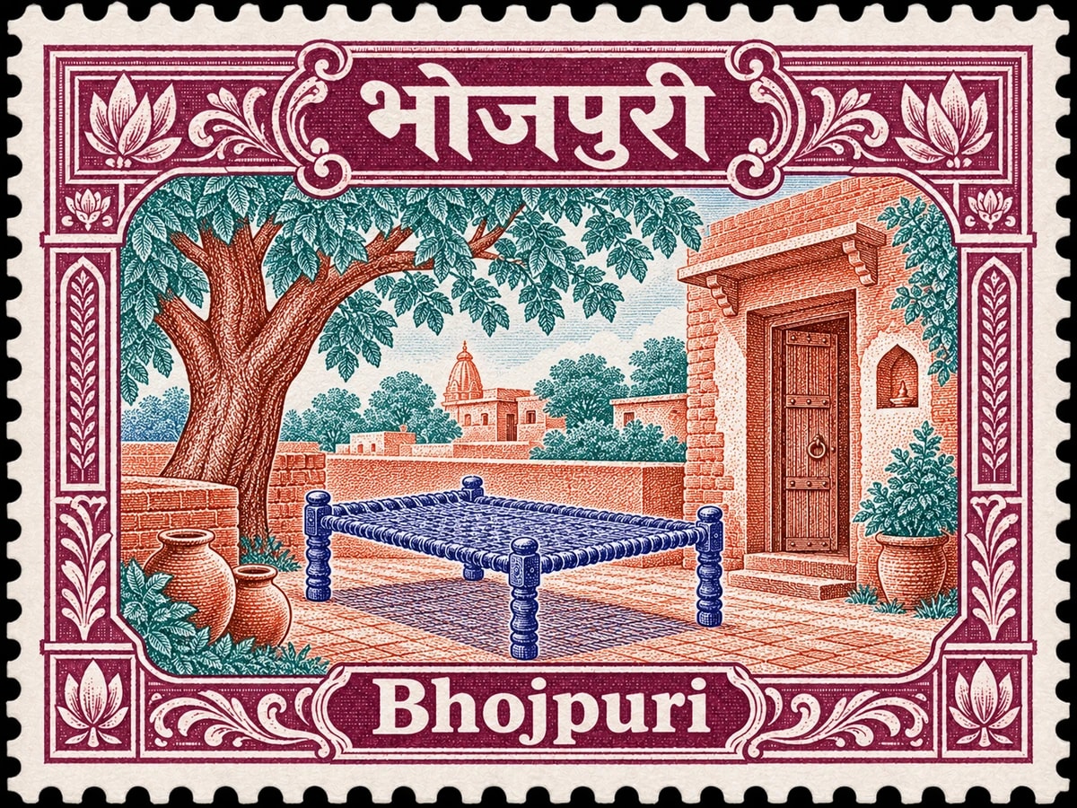 भोजपुरी · Bhojpuri. Bhojpuri: traditional North Indian village courtyard with a woven charpoy beneath a tree and brick doorway, no people, in a multicolor engraved illustration.