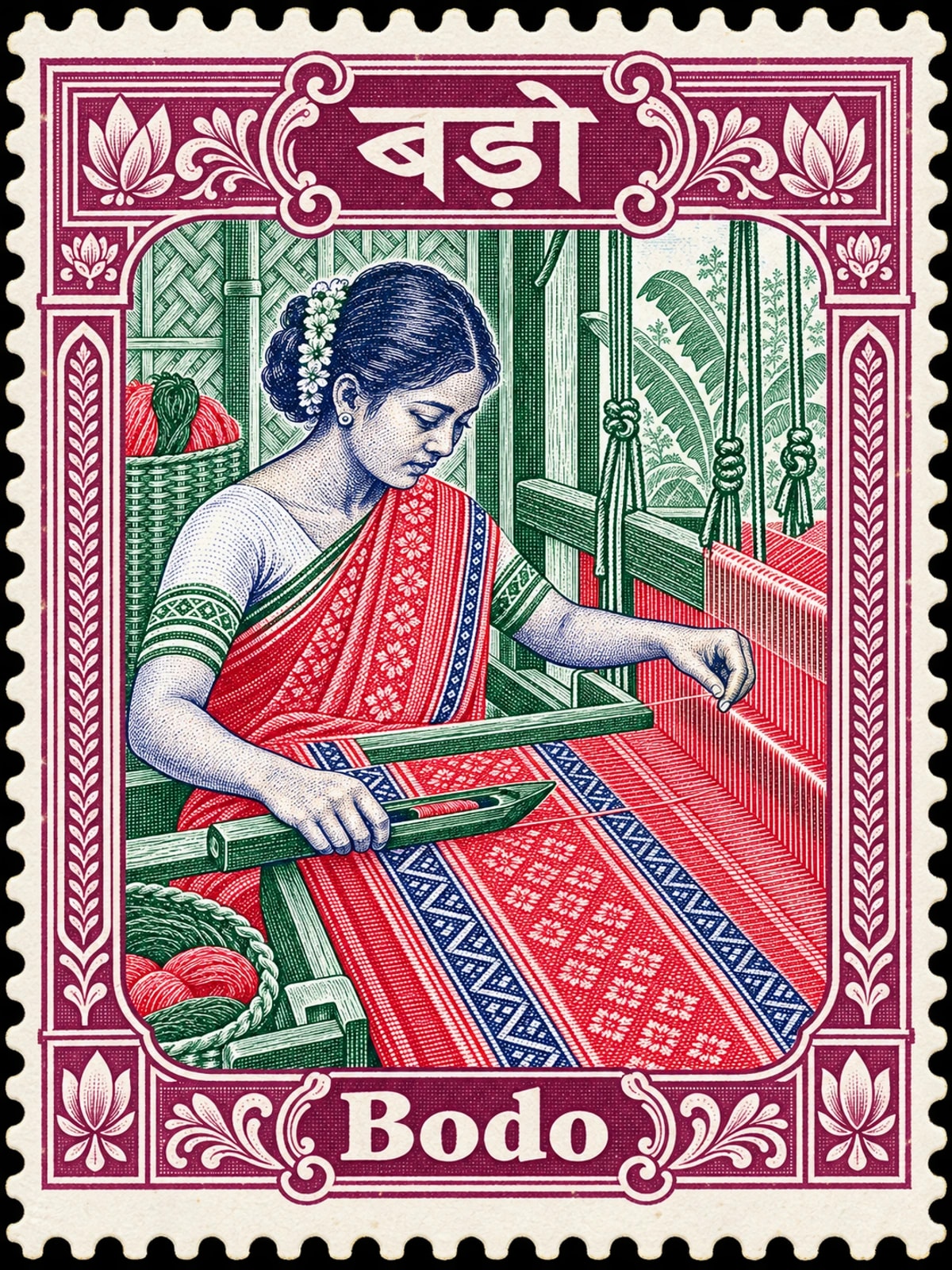बर' · Bodo. Bodo: traditional Dokhona weaving on a wooden handloom, geometric textile bands and threads, close-up craft scene, in a multicolor engraved illustration.