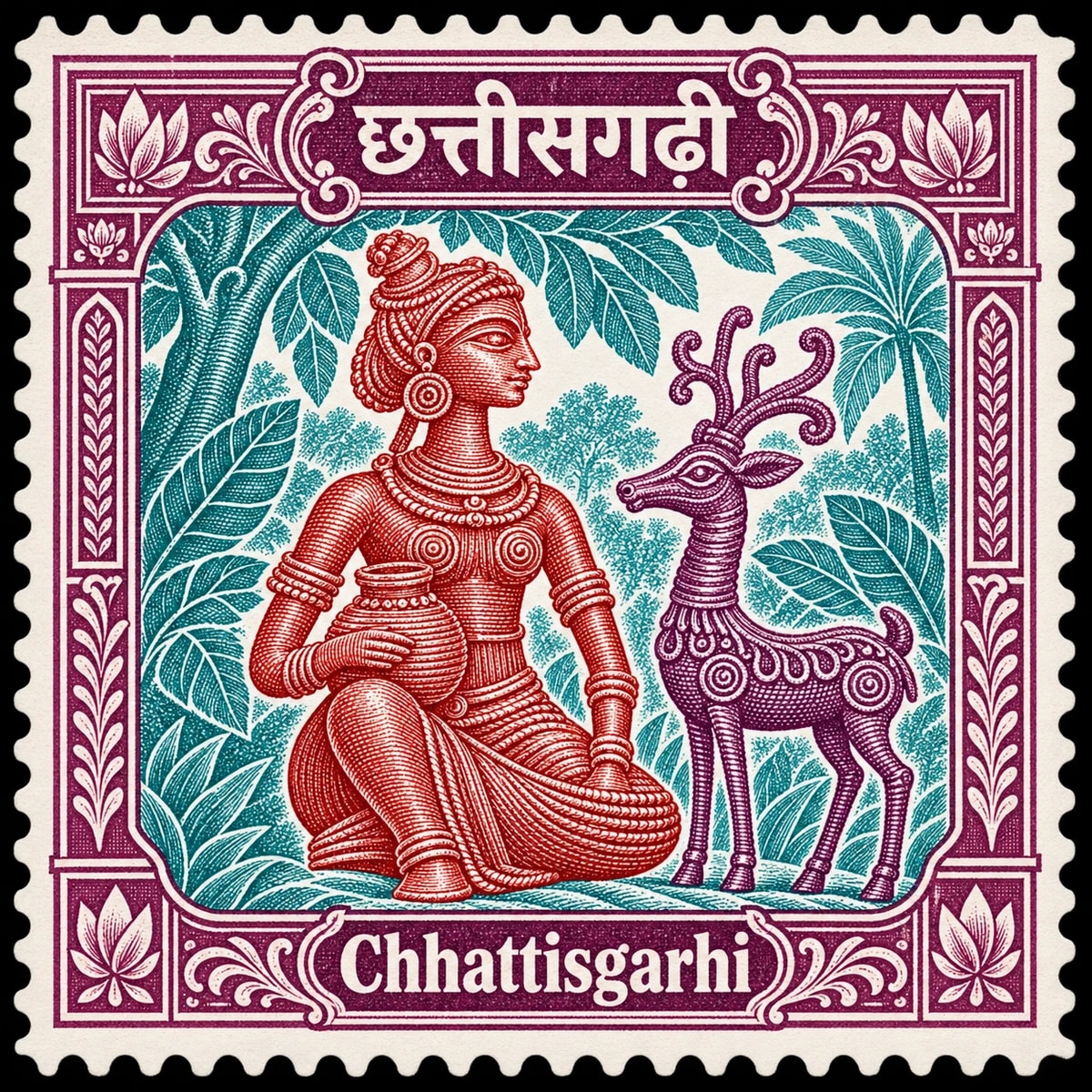 छत्तीसगढ़ी · Chhattisgarhi. Chhattisgarhi: bastar Dhokra bell-metal craft, elegant figurine and stylized deer, coiled metal textures and leaves, in a multicolor engraved illustration.
