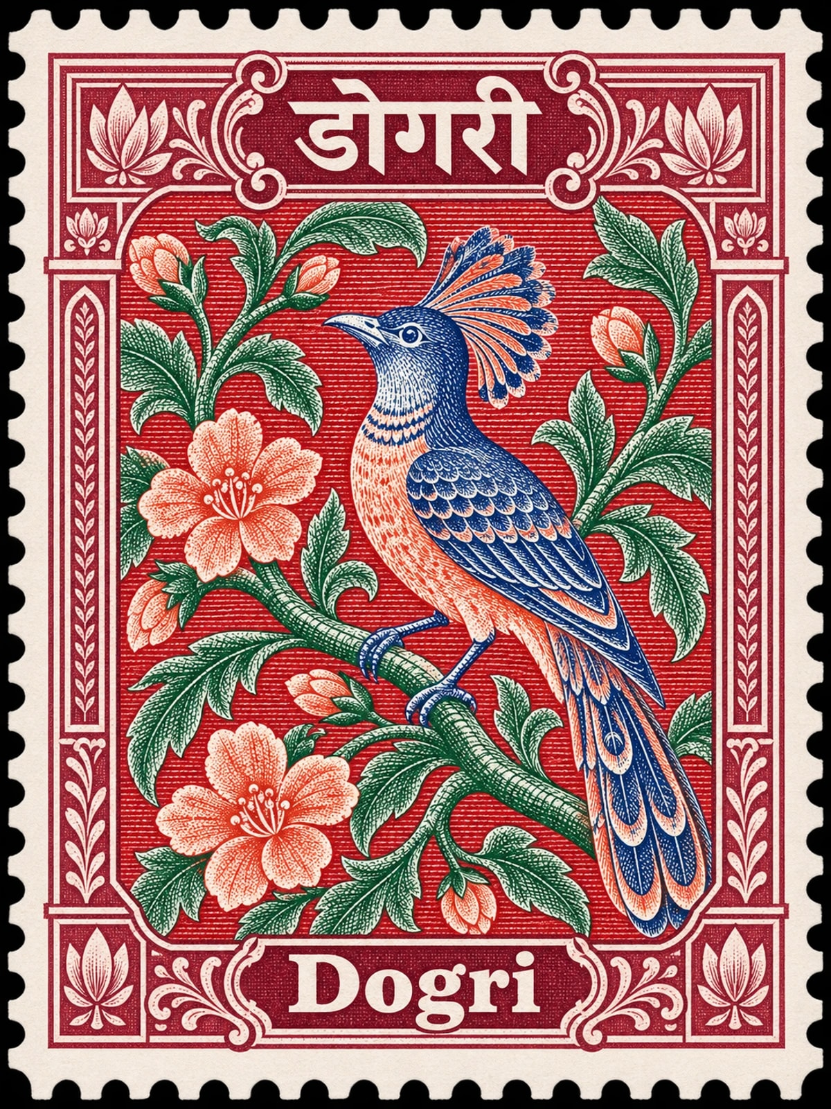 डोगरी · Dogri. Dogri: basohli-inspired bird perched among curling flowering branches, Indian miniature composition translated into engraved postage art, in a multicolor engraved illustration.
