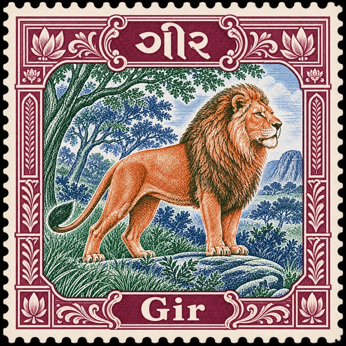 ગીર · Gir. Complete multicolor stamp depicting an Asiatic lion in Gir forest, with integrated lettering and a perforated edge