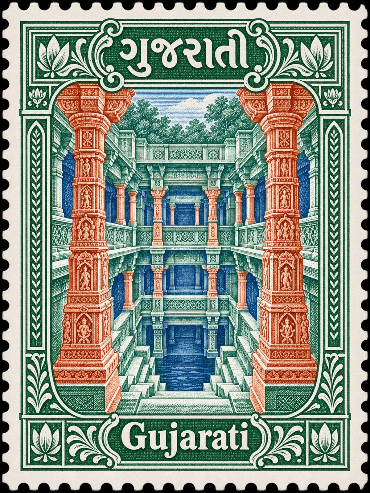 ગુજરાતી · Gujarati. Gujarati: adalaj stepwell in Gujarat, carved stone columns and intricate stepped galleries, majestic symmetrical perspective, in a multicolor engraved illustration.
