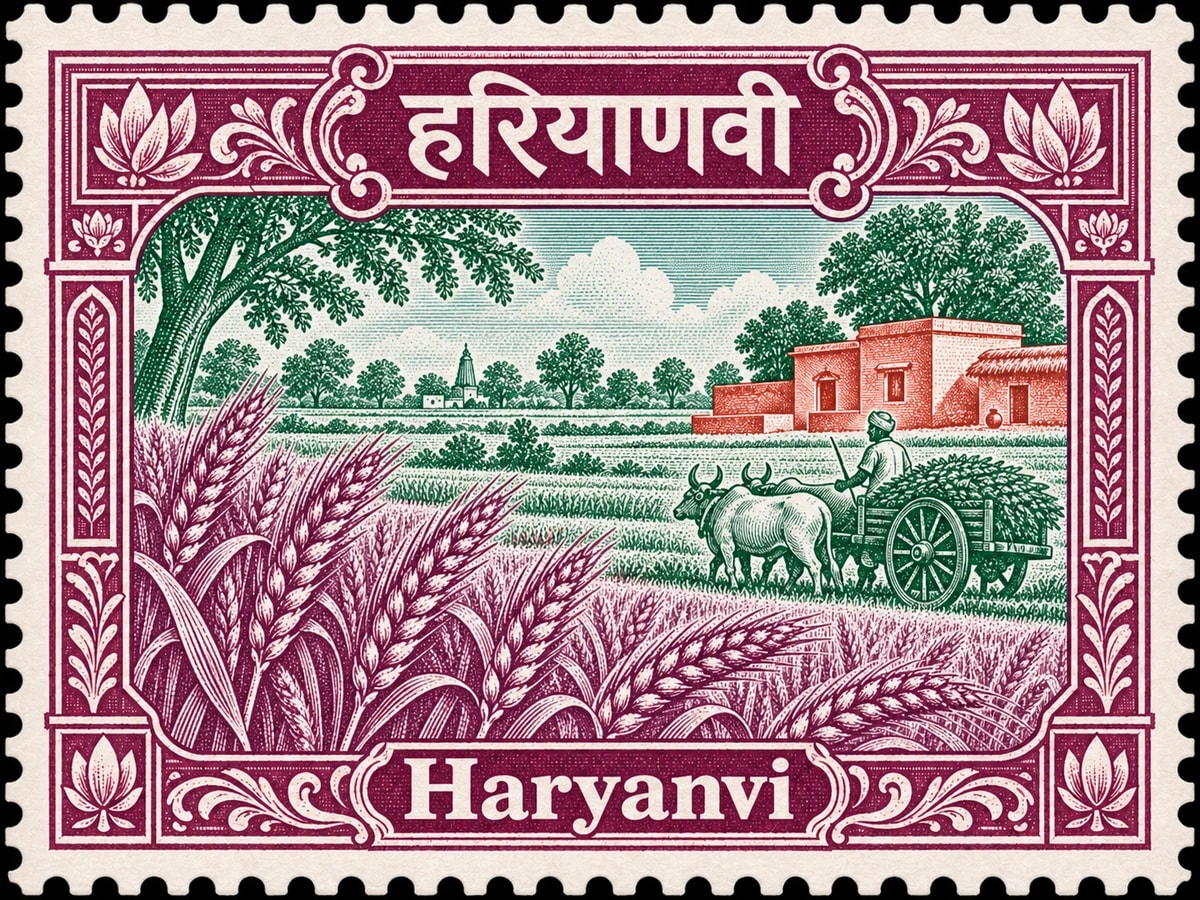हरियाणवी · Haryanvi. Haryanvi: haryana agricultural landscape, ripe wheat heads in foreground, village house and bullock cart in distance, in a multicolor engraved illustration.