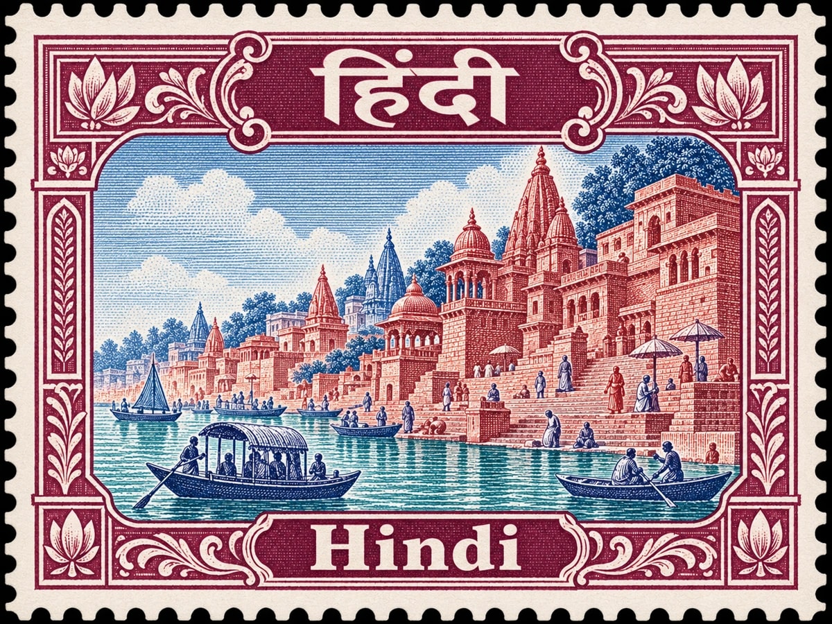 हिंदी · Hindi. Hindi: river steps and boats on the Ganges in North India; sweeping carved masonry and rippled water, in a multicolor engraved illustration.