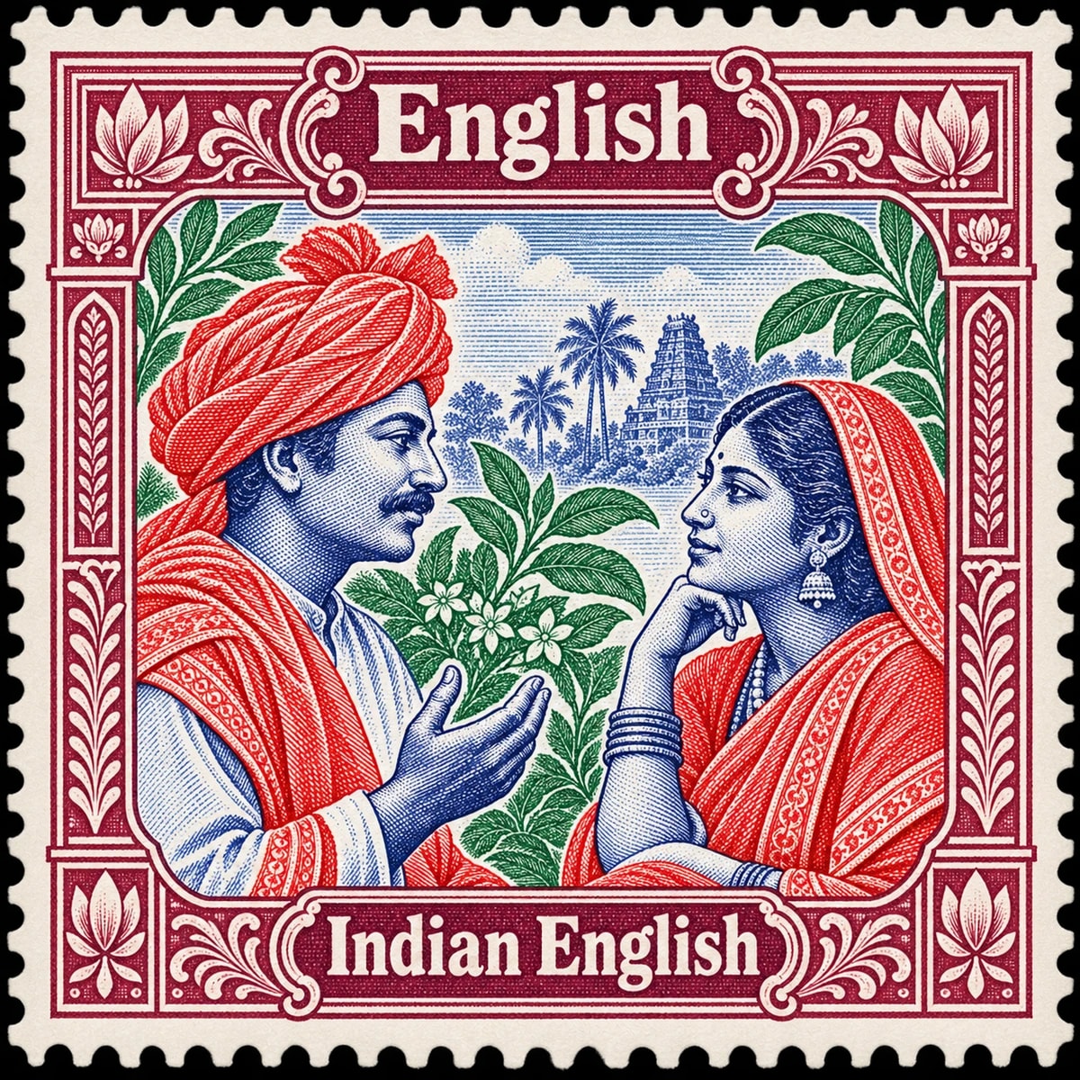 English · Indian English. Indian English: two Indian adults in profile enjoying a conversation, dignified opposing busts, small botanical sprigs, vintage allegorical composition, in a multicolor engraved illustration.