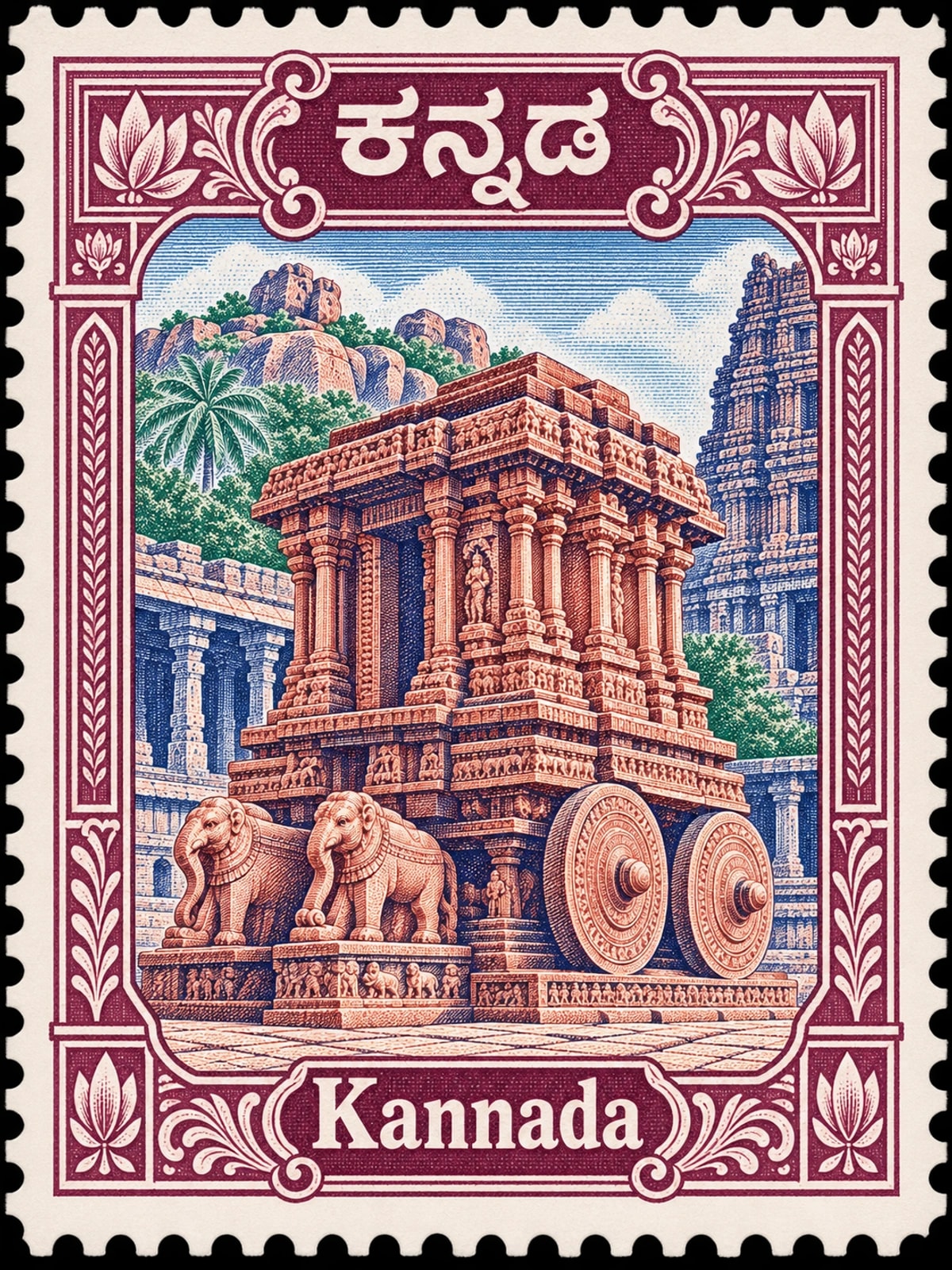 ಕನ್ನಡ · Kannada. Kannada: the Hampi stone chariot with intricate carved pillars, wheels and the temple courtyard, three-quarter view, in a multicolor engraved illustration.