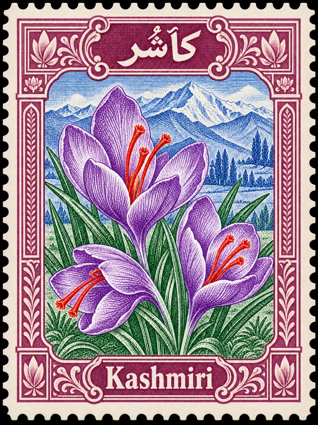 کٲشُر · Kashmiri. Kashmiri: three saffron crocus flowers with crimson stamens and narrow leaves, distant Kashmir mountain contour, in a multicolor engraved illustration.