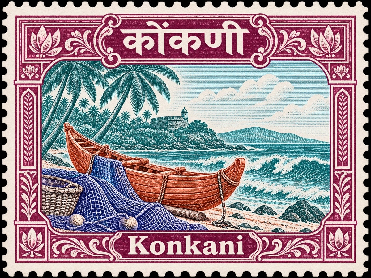 कोंकणी · Konkani. Konkani: konkan coast with curved wooden fishing canoe and palm trees, fishing nets and rolling waves, in a multicolor engraved illustration.