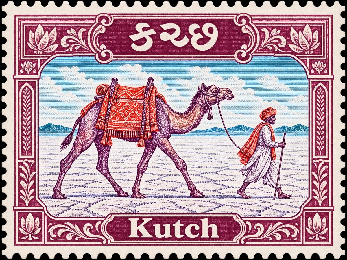 કચ્છ · Kutch. Complete multicolor stamp depicting a camel and herder in the Rann of Kutch, with integrated lettering and a perforated edge