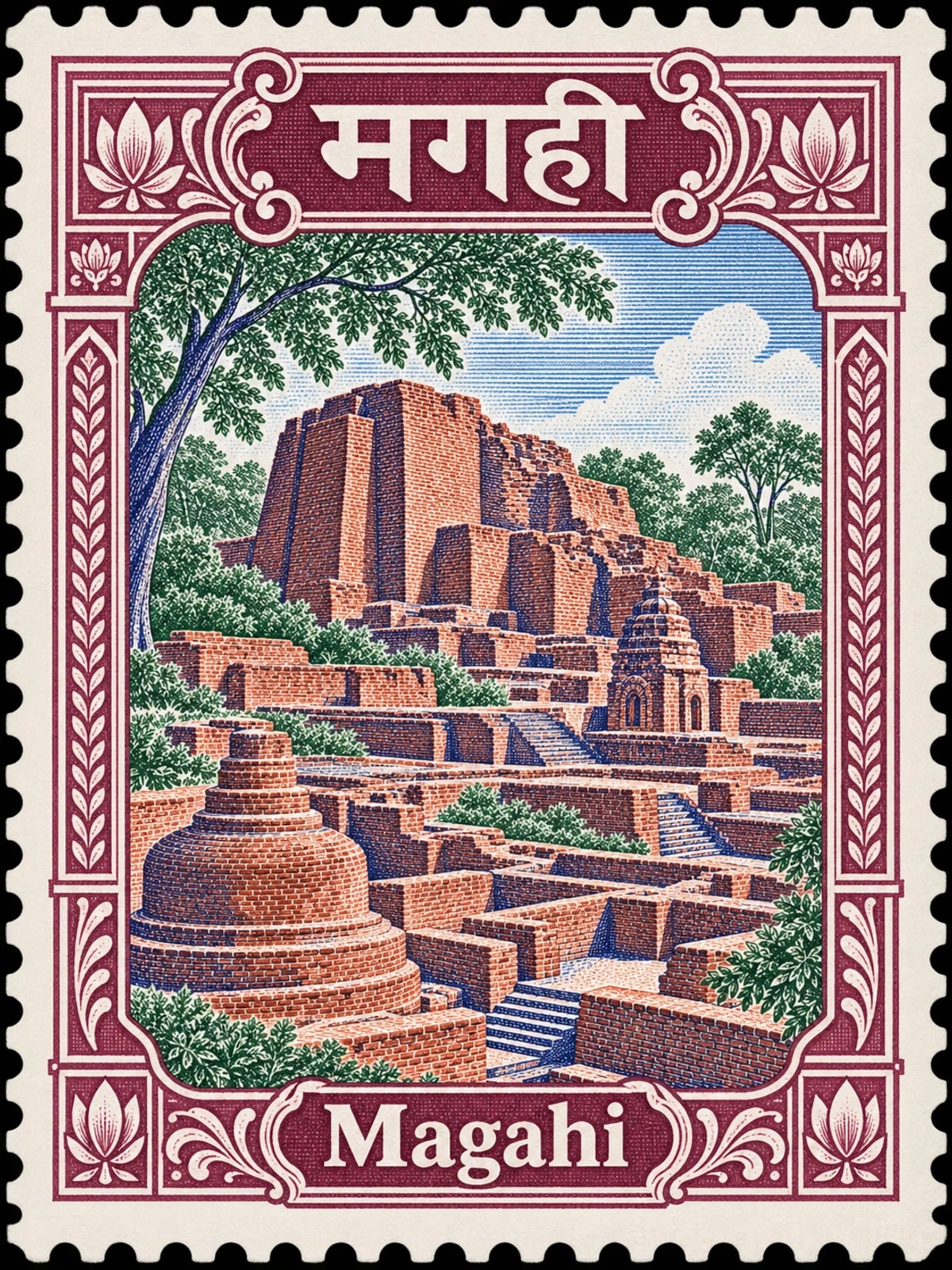 मगही · Magahi. Magahi: ancient Nalanda brick university ruins and archaeological terraces, dignified architectural landscape, in a multicolor engraved illustration.