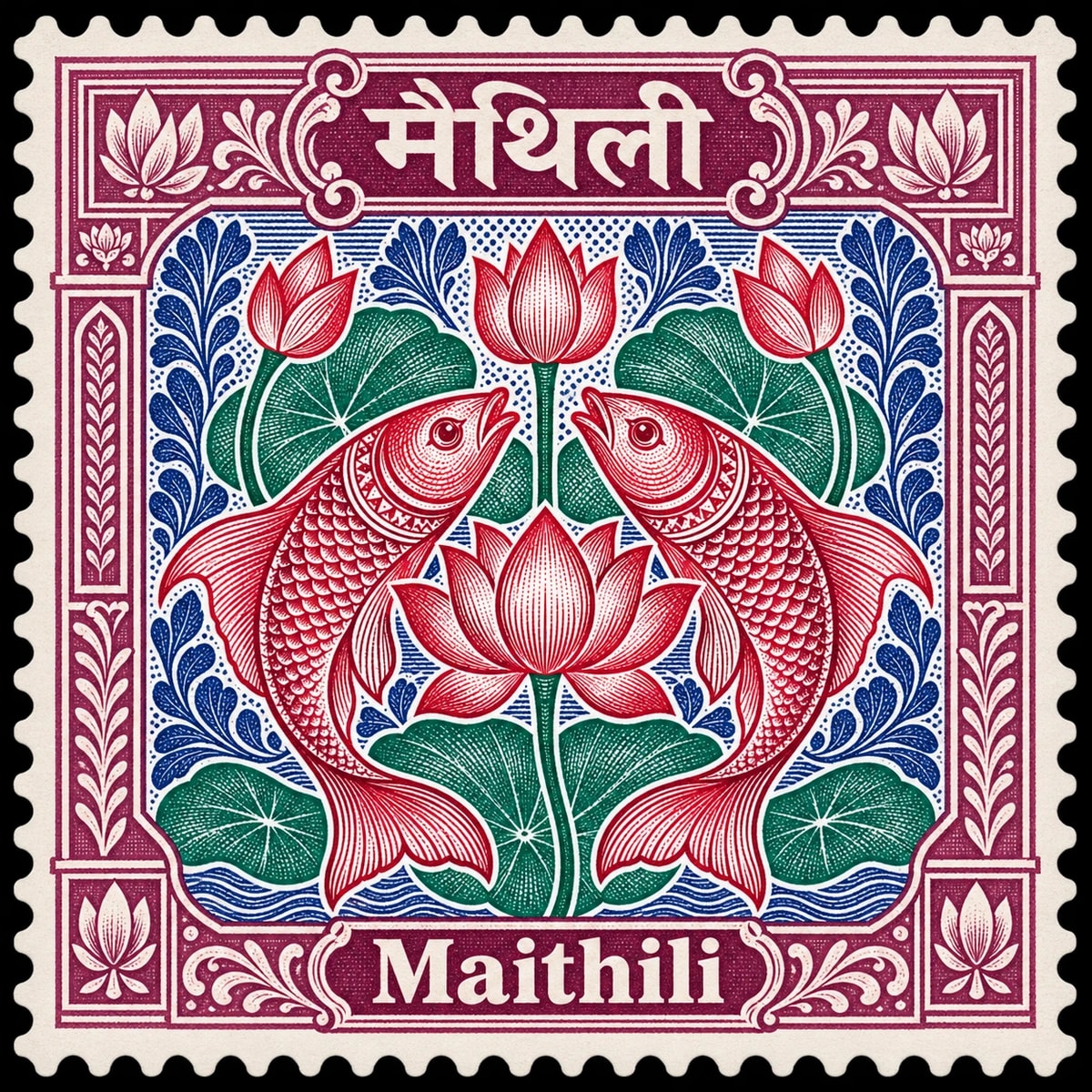 मैथिली · Maithili. Maithili: mithila art fish and lotus, bold balanced folk composition translated into fine copperplate engraved linework, in a multicolor engraved illustration.