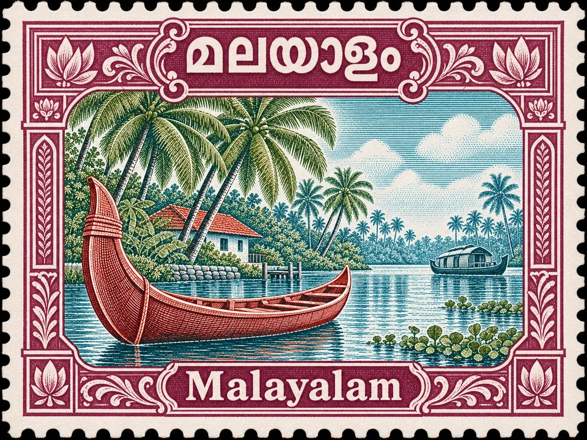 മലയാളം · Malayalam. Malayalam: kerala backwaters, curved canoe close in foreground, tall coconut palms and a small tiled house on the bank, in a multicolor engraved illustration.