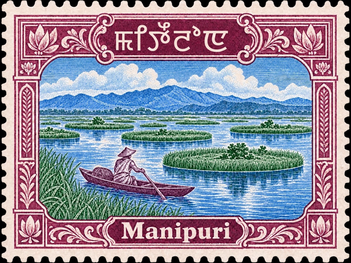 ꯃꯤꯇꯩꯂꯣꯟ · Manipuri. Manipuri: loktak Lake in Manipur with circular floating phumdi islands, small fishing canoe and mountainous horizon, in a multicolor engraved illustration.
