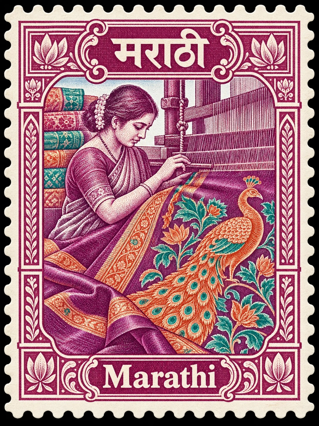 मराठी · Marathi. Marathi: a woman at a working loom weaving Paithani silk, with a large peacock and floral pattern in a multicolor printed stamp.