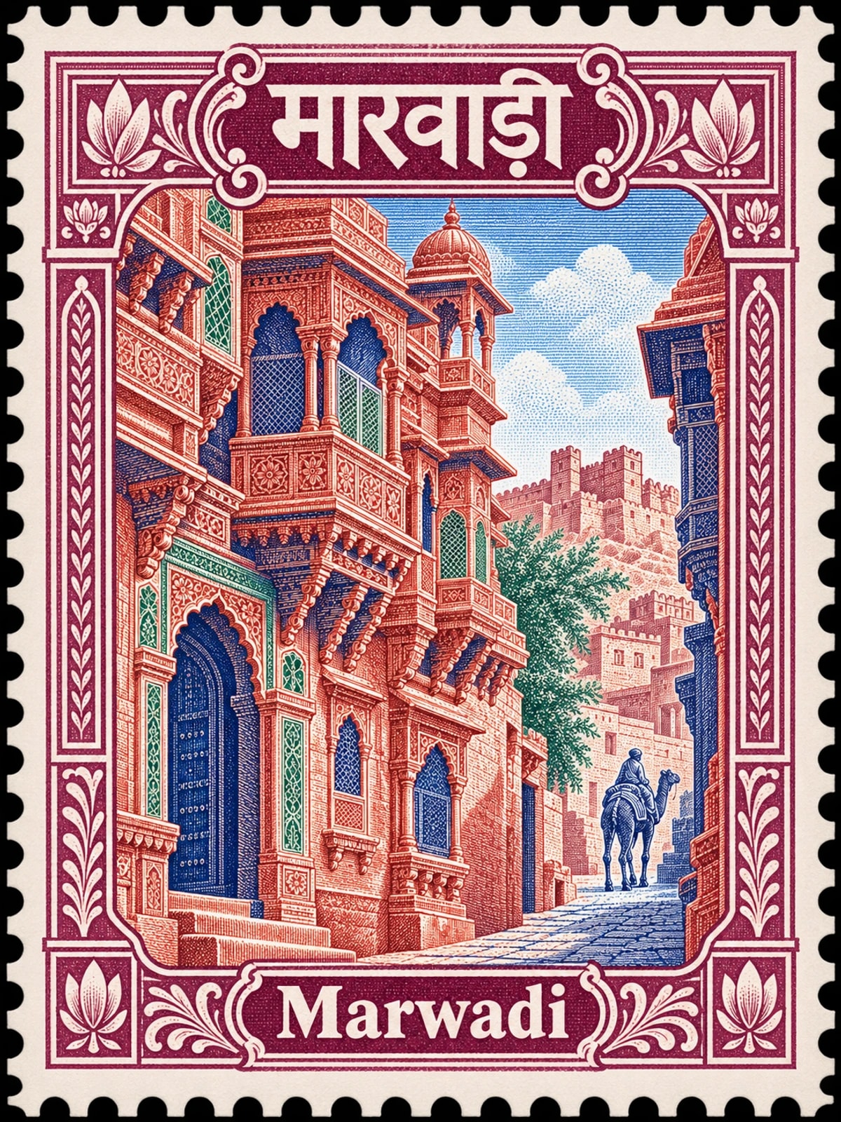 मारवाड़ी · Marwadi. Marwadi: ornate Rajasthan desert haveli facade with carved balconies and jharokha windows, narrow street and distant camel, in a multicolor engraved illustration.