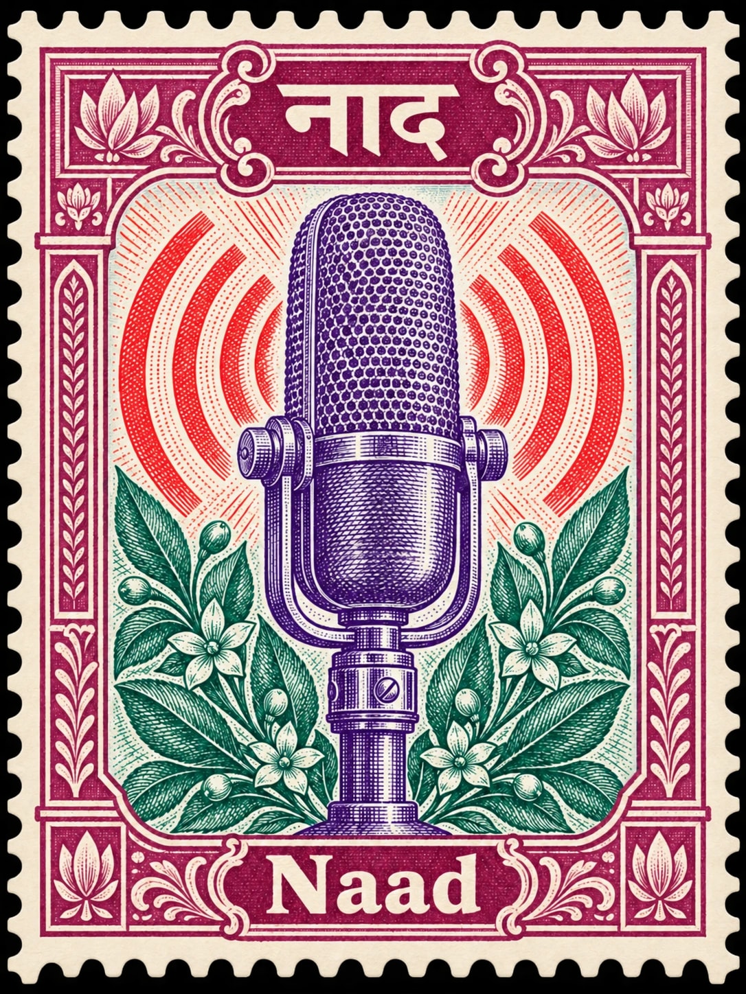 नाद · Naad. Complete multicolor voice stamp depicting a vintage ribbon microphone, with integrated lettering and a perforated edge