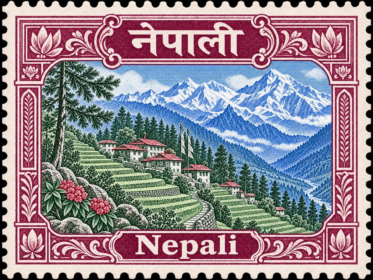 नेपाली · Nepali. Nepali: steep Himalayan foothills in Sikkim, terraced fields and a small village with distant mountain peaks, in a multicolor engraved illustration.