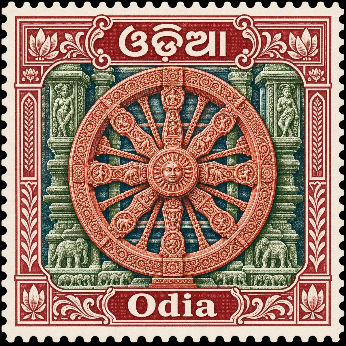 ଓଡ଼ିଆ · Odia. Odia: monumental Konark sun temple stone wheel, large central circular motif with intricate carved spokes and relief, in a multicolor engraved illustration.