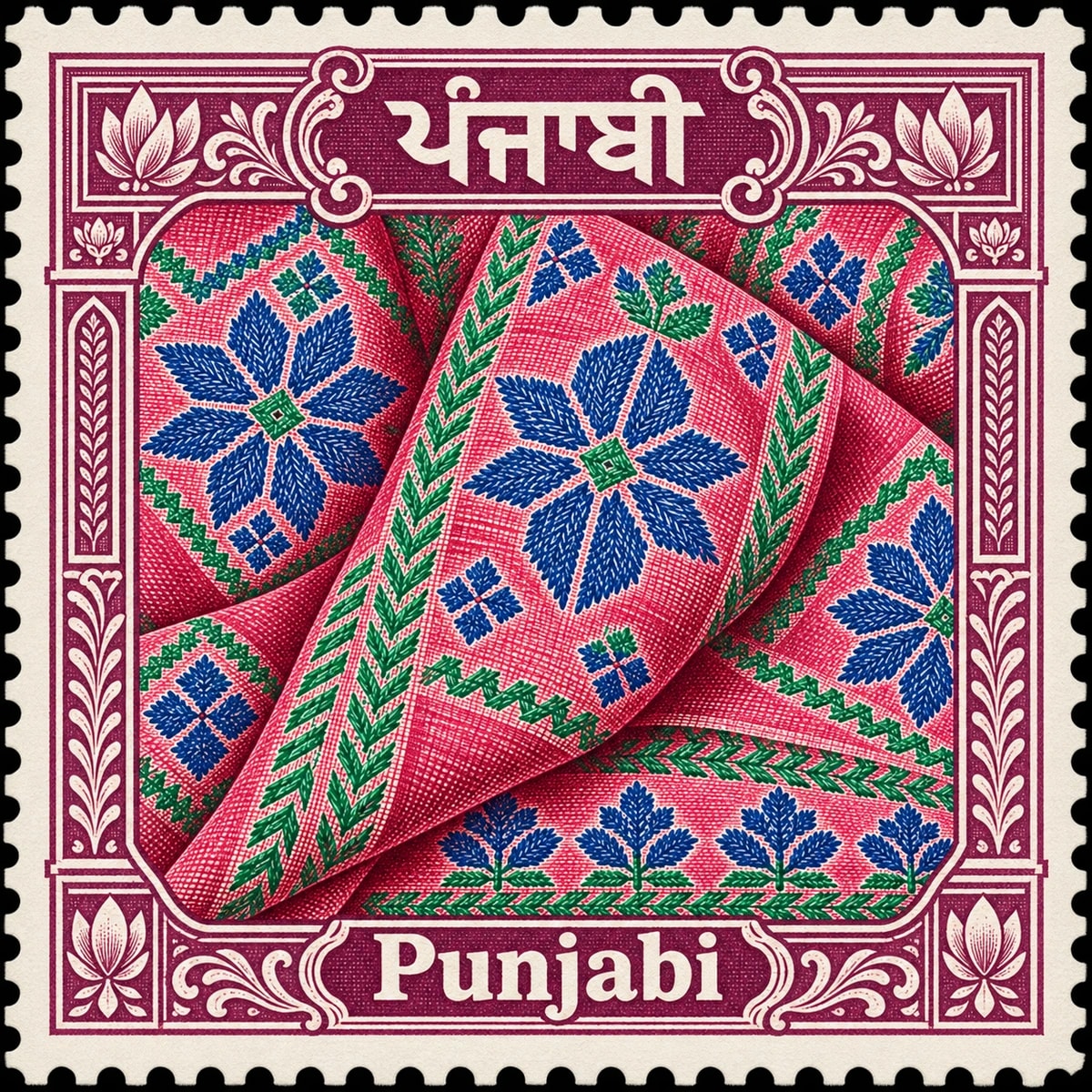 ਪੰਜਾਬੀ · Punjabi. Punjabi: phulkari embroidered textile in broad folds, geometric flowers and angular stitched motifs, no person, in a multicolor engraved illustration.