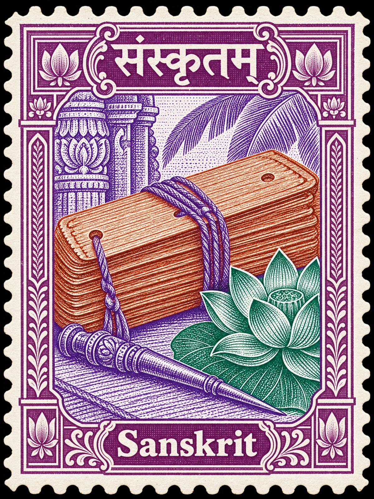 संस्कृतम् · Sanskrit. Sanskrit: ancient palm-leaf manuscript tied with cords beside a fine metal writing stylus, small ornamental lotus, in a multicolor engraved illustration.