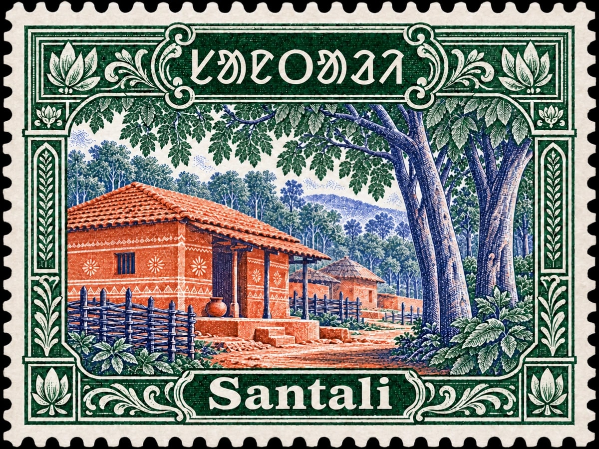 ᱥᱟᱱᱛᱟᱲᱤ · Santali. Santali: village beside sal forest in eastern India, a richly patterned mud house beneath leafy trees, in a multicolor engraved illustration.
