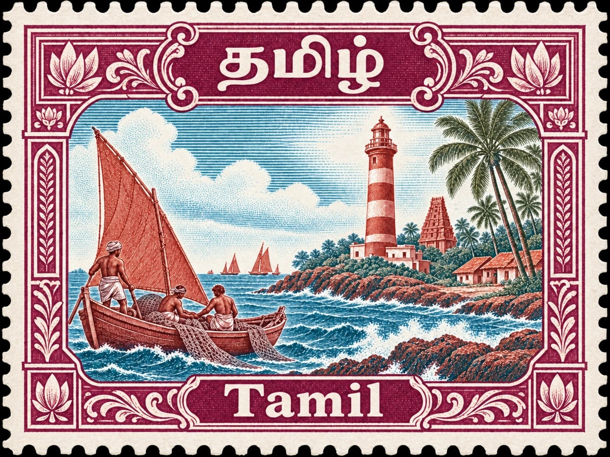 தமிழ் · Tamil. Tamil: coastal lighthouse and fishing boats on the Tamil Nadu coast, in a multicolor engraved illustration.