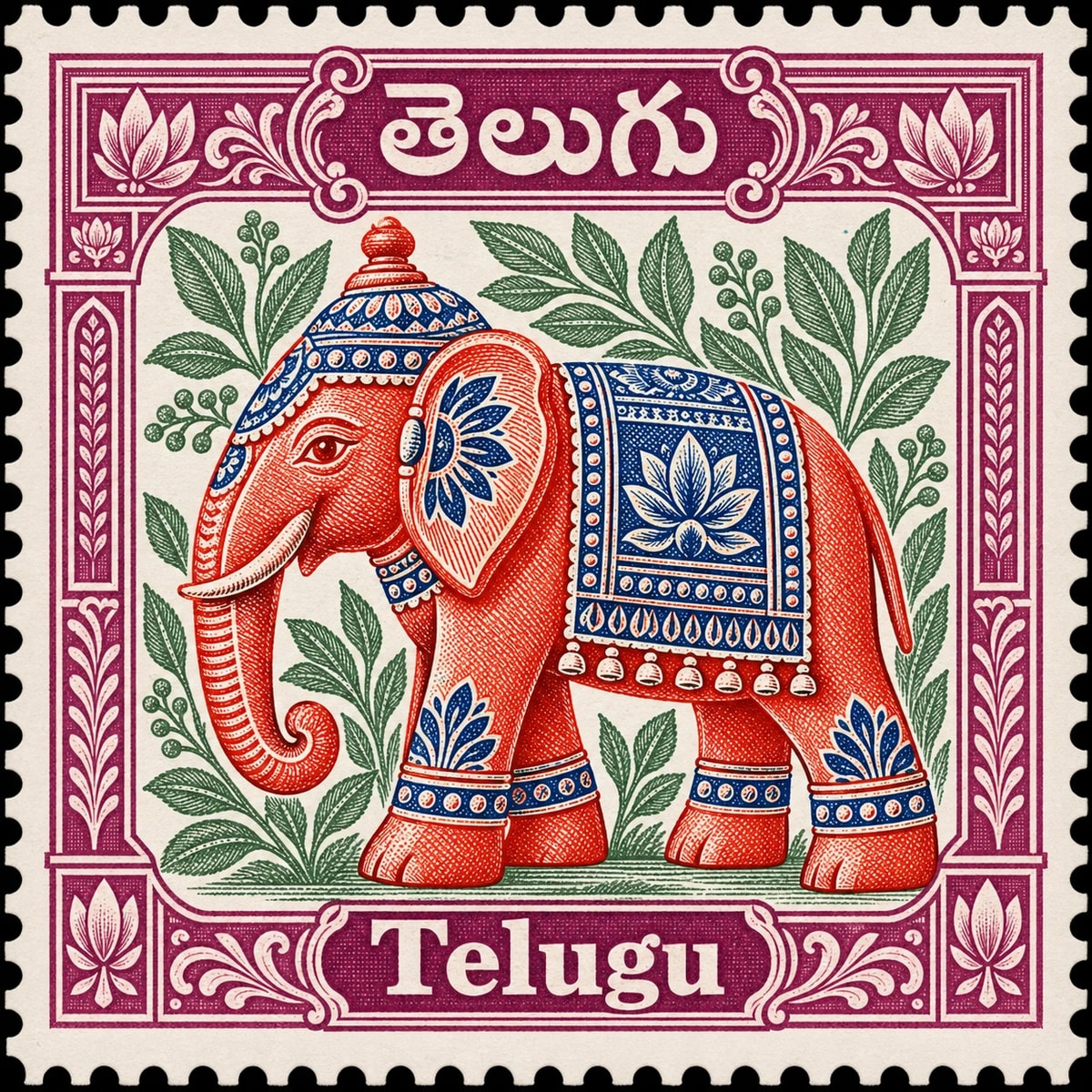 తెలుగు · Telugu. Telugu: a decorated adult elephant standing naturally, with ornate textiles and leaf sprigs in a multicolor printed stamp.