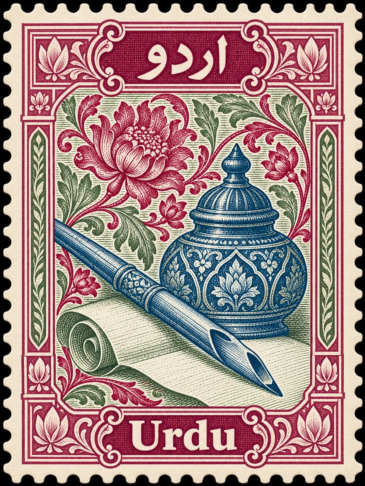 اردو · Urdu. Urdu: a calligrapher's split reed qalam beside an ornate inkpot and rolled blank paper, refined floral vines, in a multicolor engraved illustration.